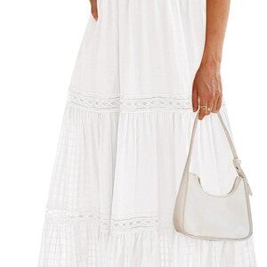 Women’s Boho Maxi Dress Cotton Smocked Ruffle Hem Pockets Casual Wear